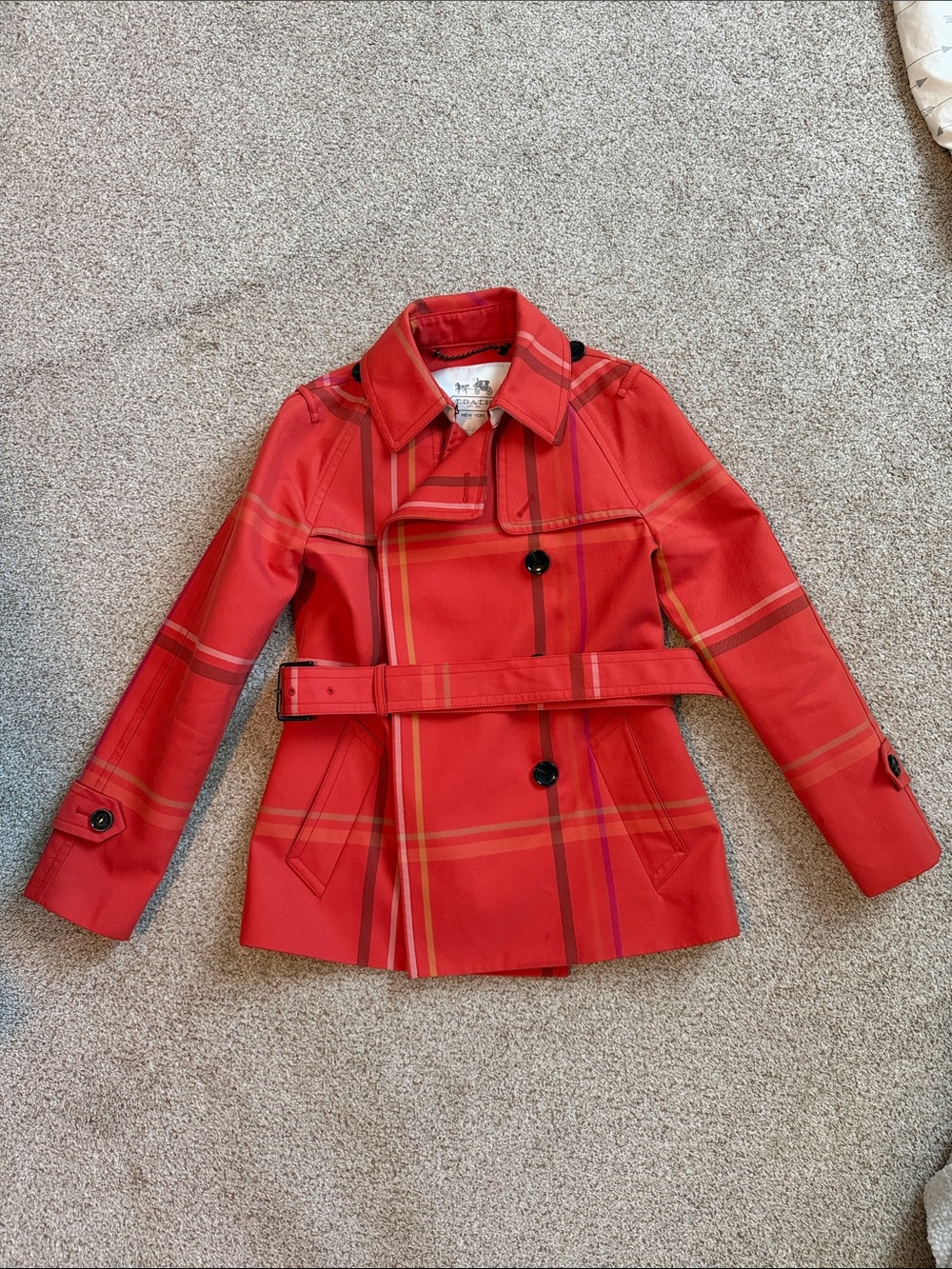 Coach Red Plaid Short Trench Coat
